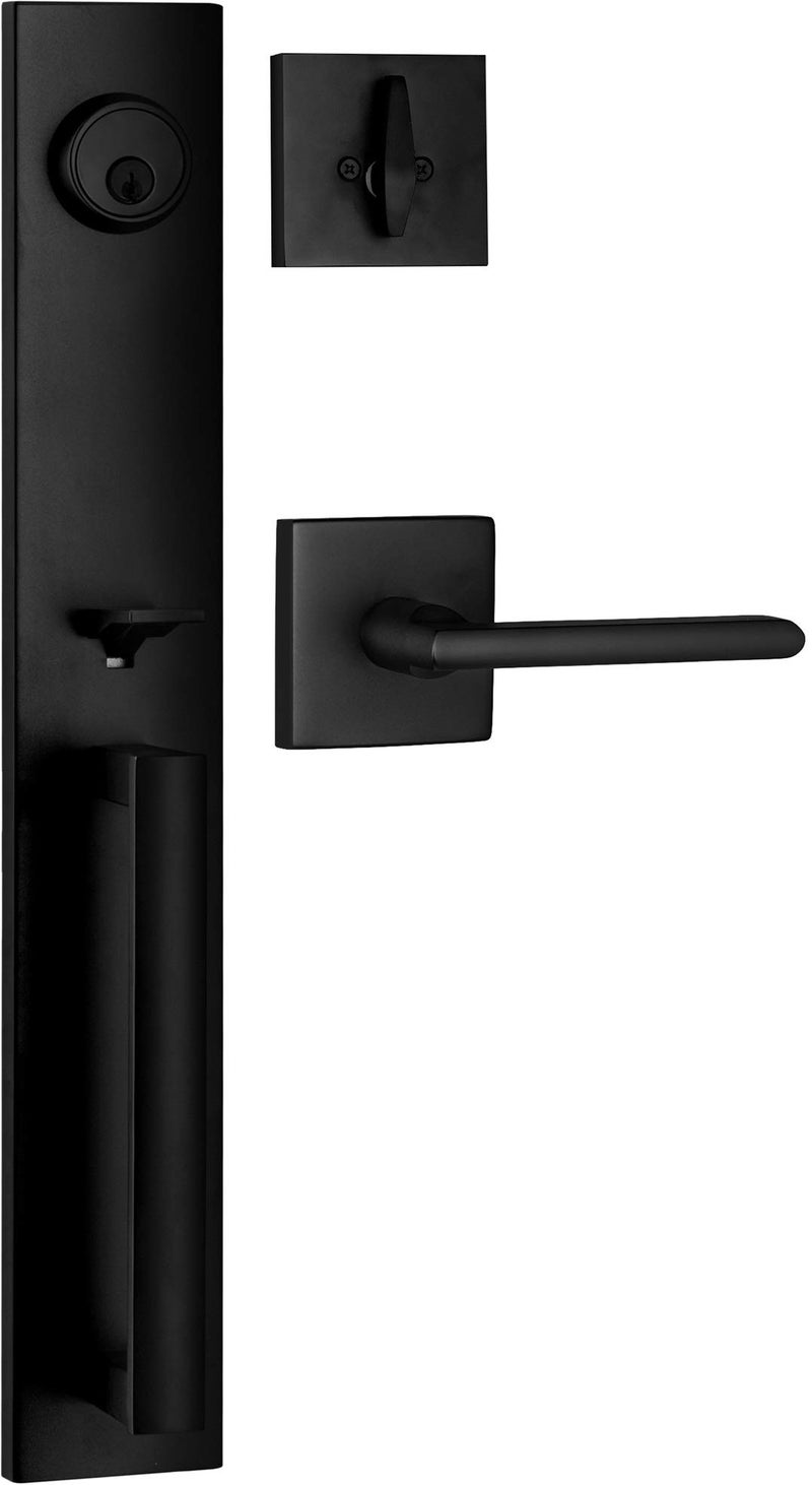 Berlin Modisch Full Escutcheon HandleSet Front Door Entry Handle and Deadbolt Lock Set Slim Square Single Cylinder Deadbolt and Lever Heavy Duty â€“ Iron Black Finish - Image 1